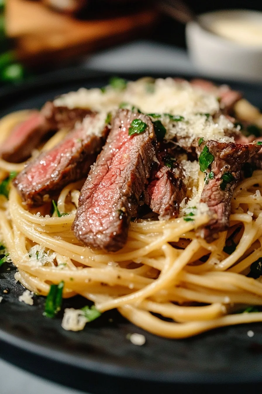 Spicy Garlic Butter Parmesan Steak Pasta