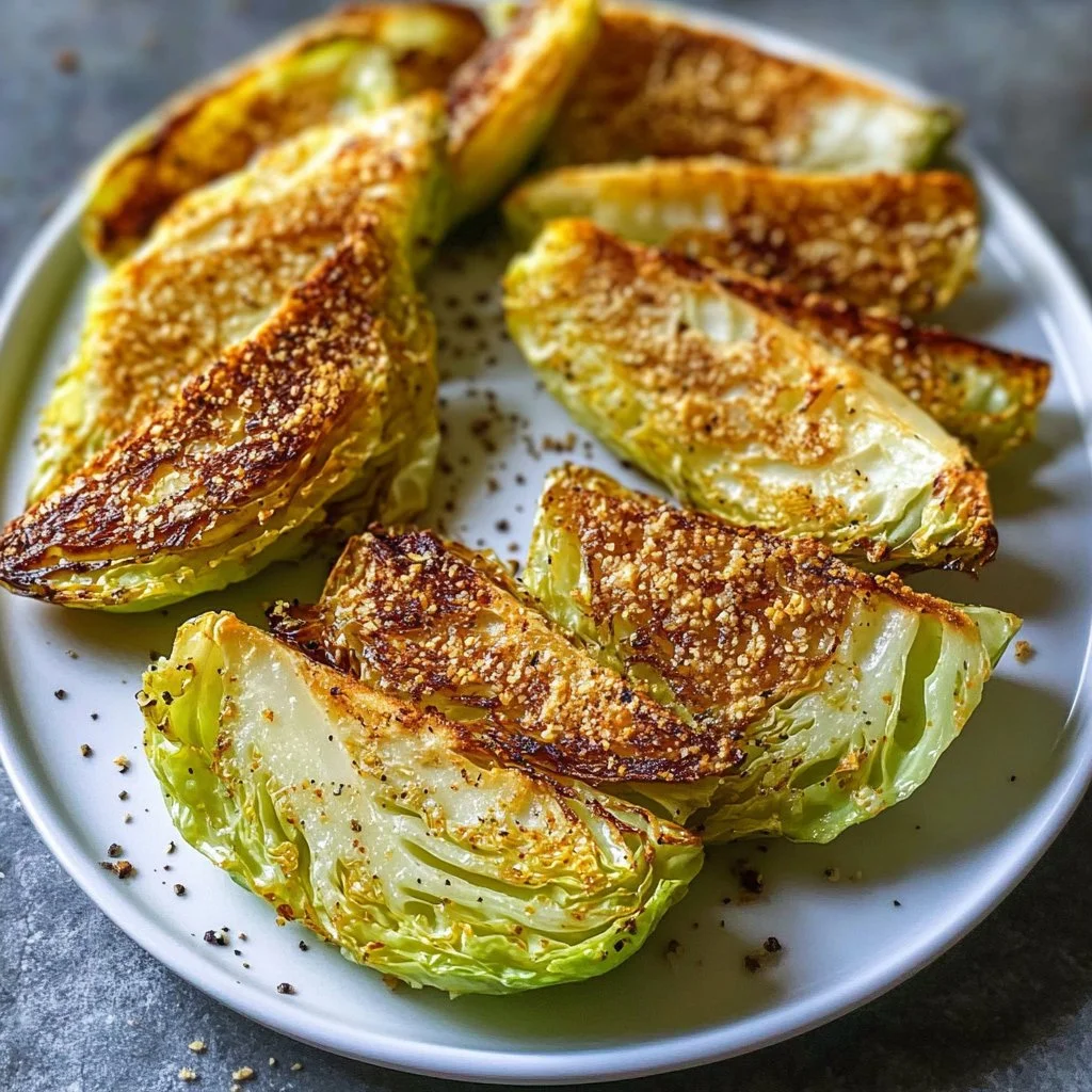 Crispy air fryer cabbage wedges served on a plate, garnished with herbs.