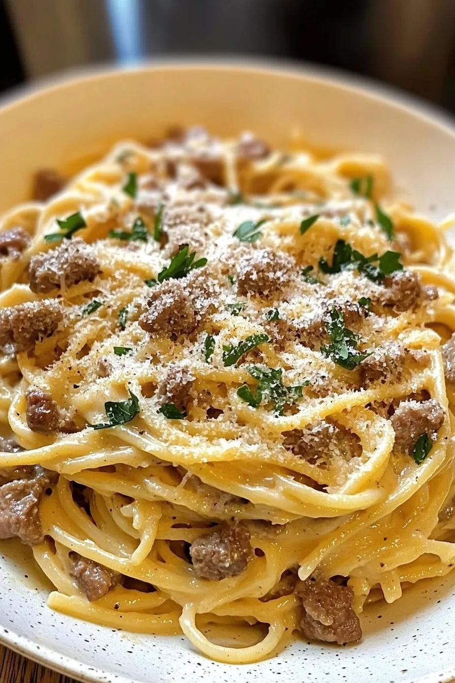 Creamy beef & garlic butter pasta