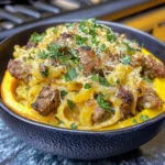 Delicious autumn sausage pasta with roasted squash and herbs in a bowl