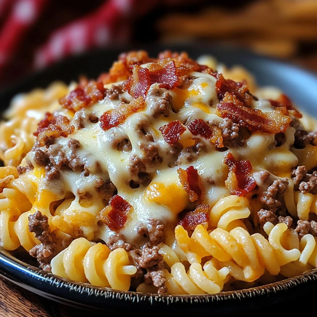 Delicious Bacon Cheeseburger Pasta served in a bowl topped with cheese and bacon.