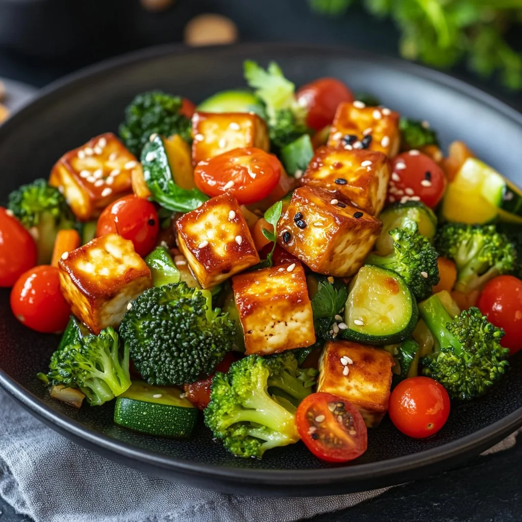 Baked Tofu and Veggie Bowl filled with colorful vegetables and tofu