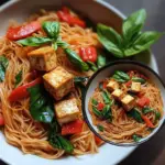 Bowl of basil tofu vermicelli noodles with fresh herbs and colorful veggies