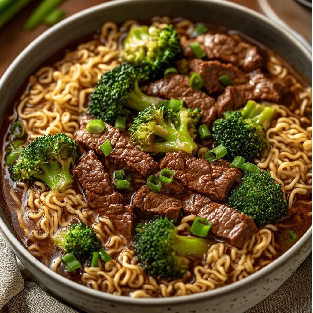 Bowl of Beef and Broccoli Ramen topped with fresh vegetables and tender beef