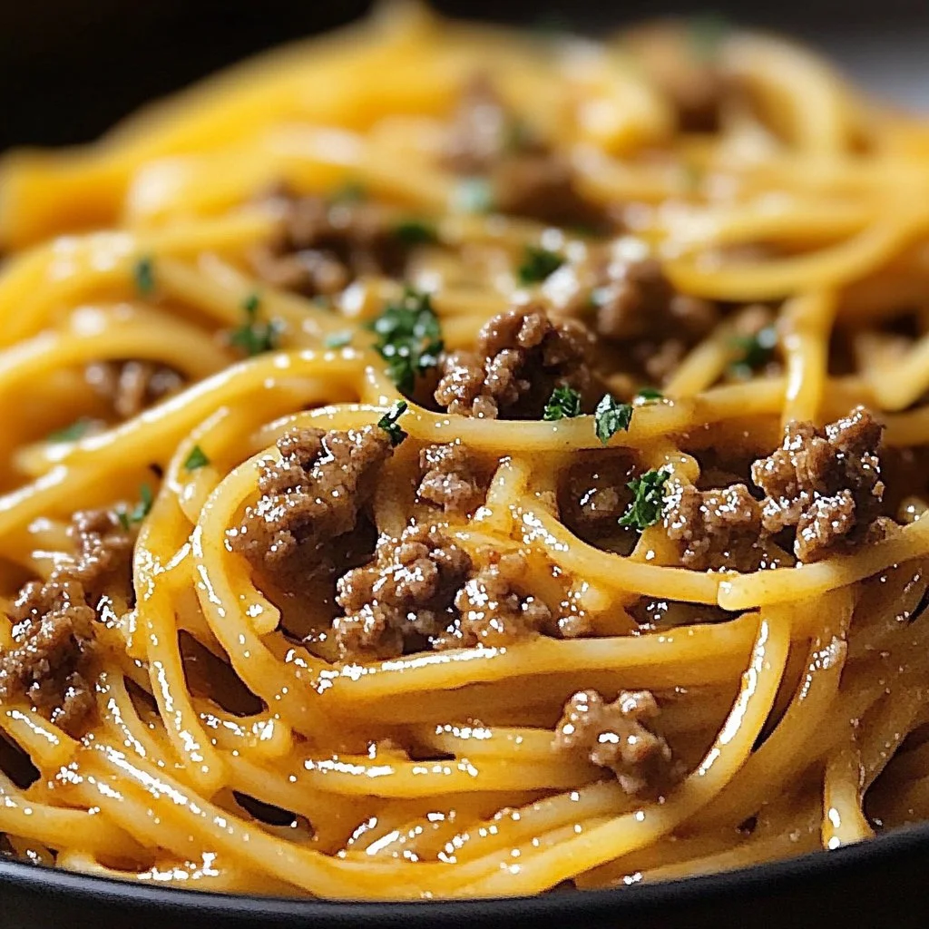 A bowl of delicious Beef and Garlic Butter Pasta with fresh herbs and grated cheese.