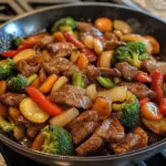 Beef and vegetable stir fry served in a colorful dish.