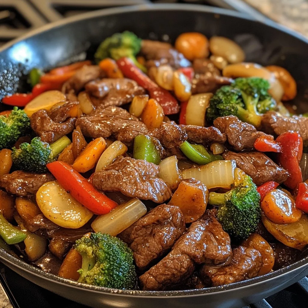 Beef and vegetable stir fry served in a colorful dish.