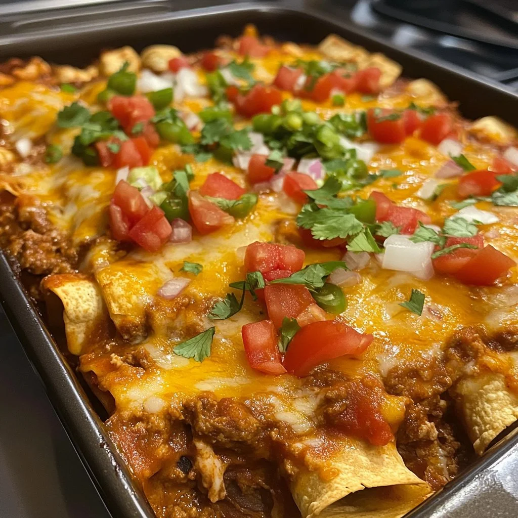Delicious beef enchilada casserole topped with cheese and garnished with cilantro.