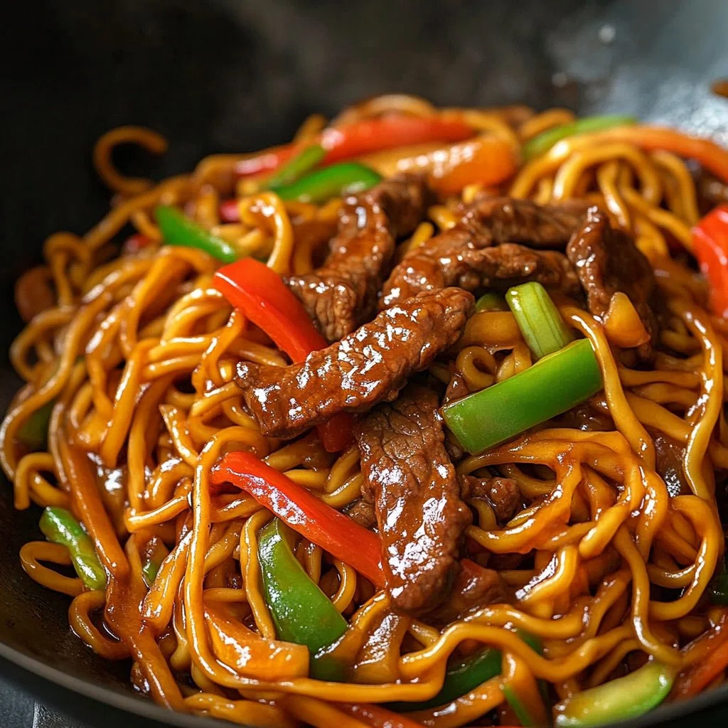 Delicious Beef Lo Mein with tender beef and colorful vegetables in a bowl.