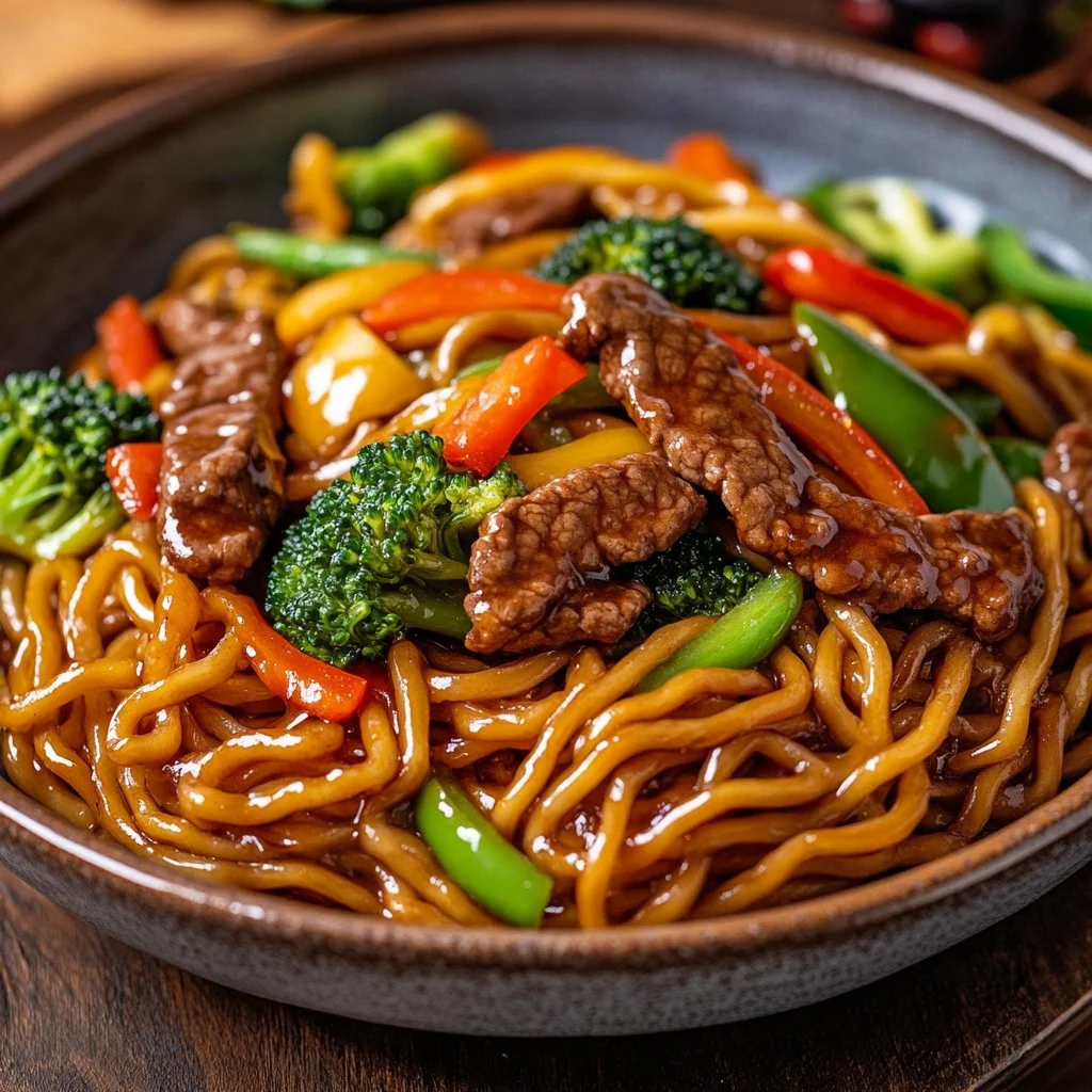 Delicious plate of Beef Lo Mein with tender beef, vegetables, and noodles.