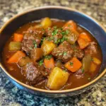 Delicious homemade beef stew with vegetables and herbs in a rustic bowl.