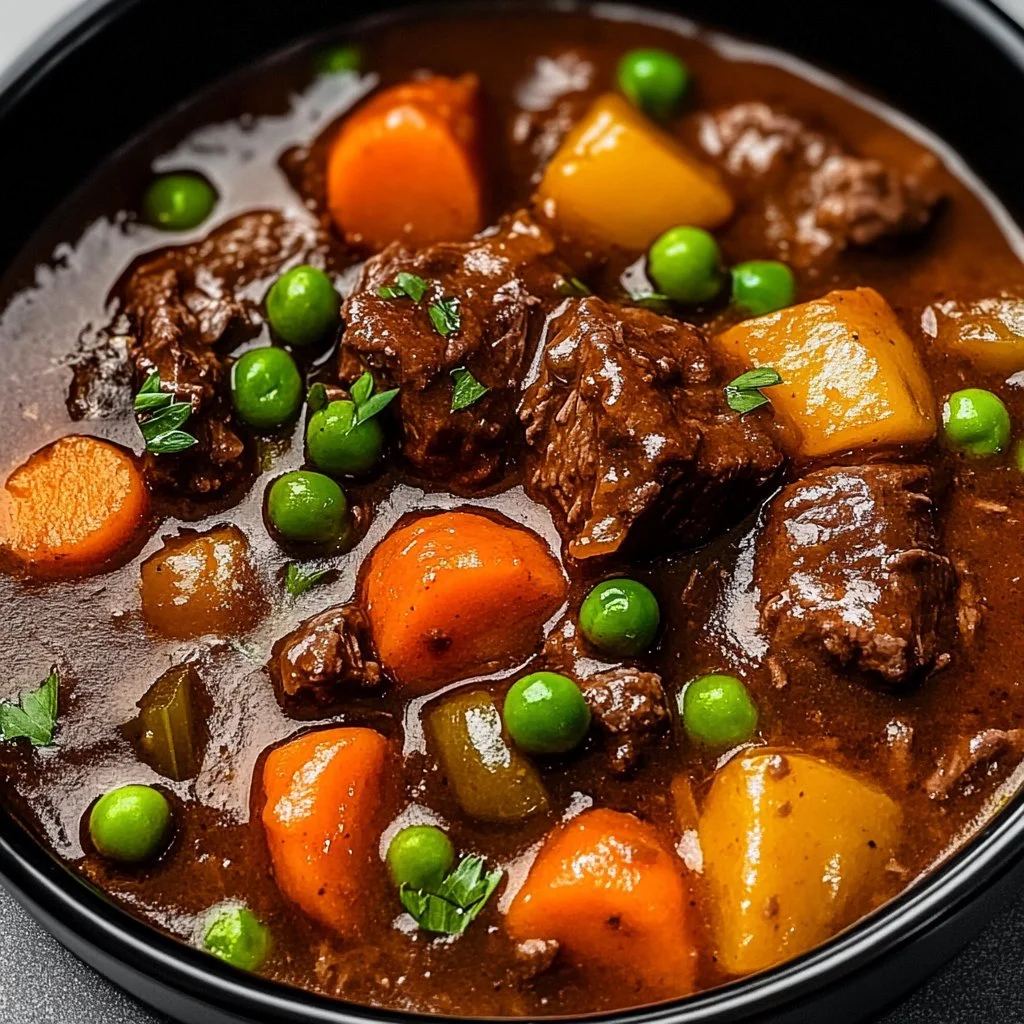 A delicious bowl of homemade beef stew with tender beef and vegetables