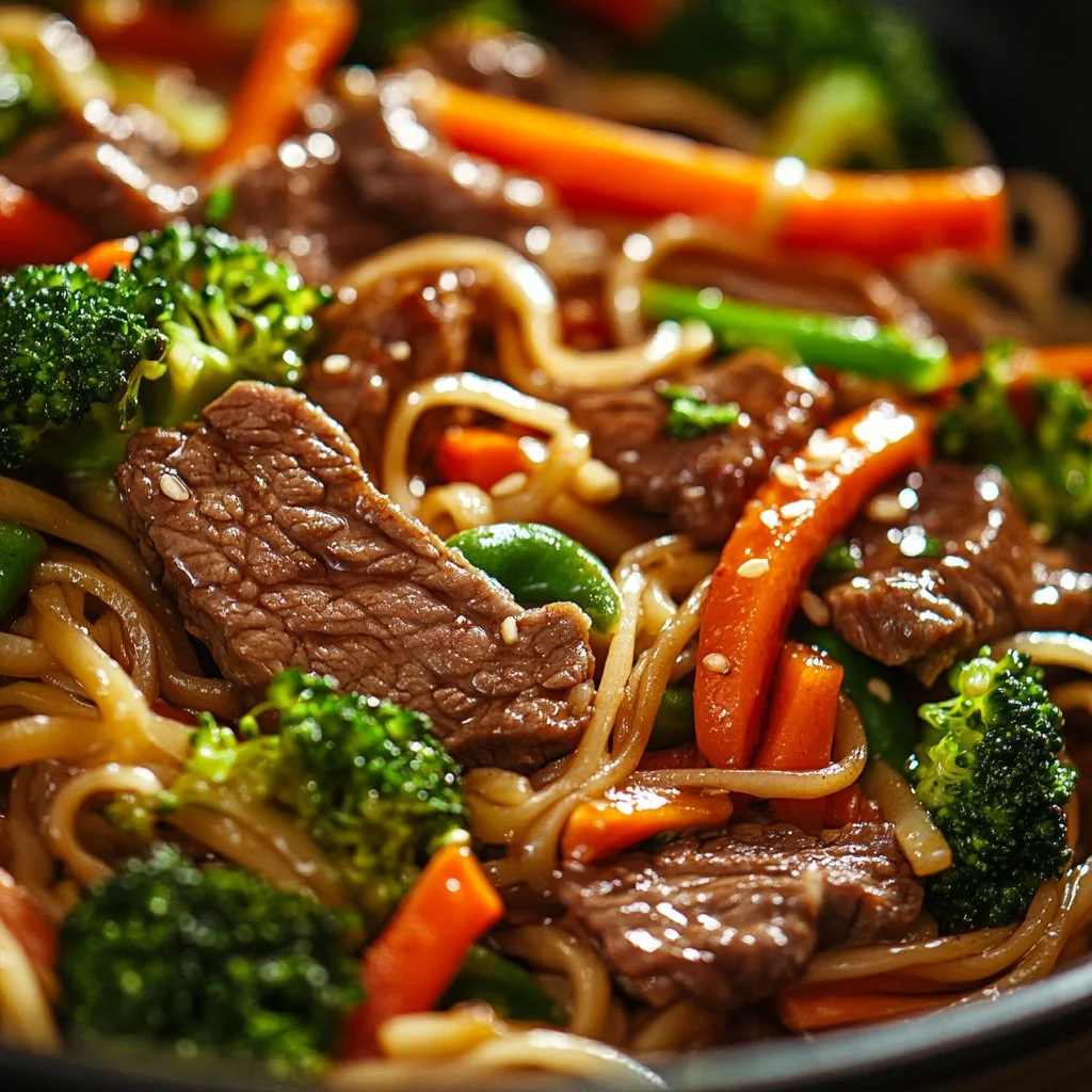 Beef stir fry with linguini and colorful vegetables served in a bowl