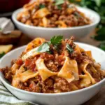 Delicious beefy sour cream noodle bake served in a casserole dish