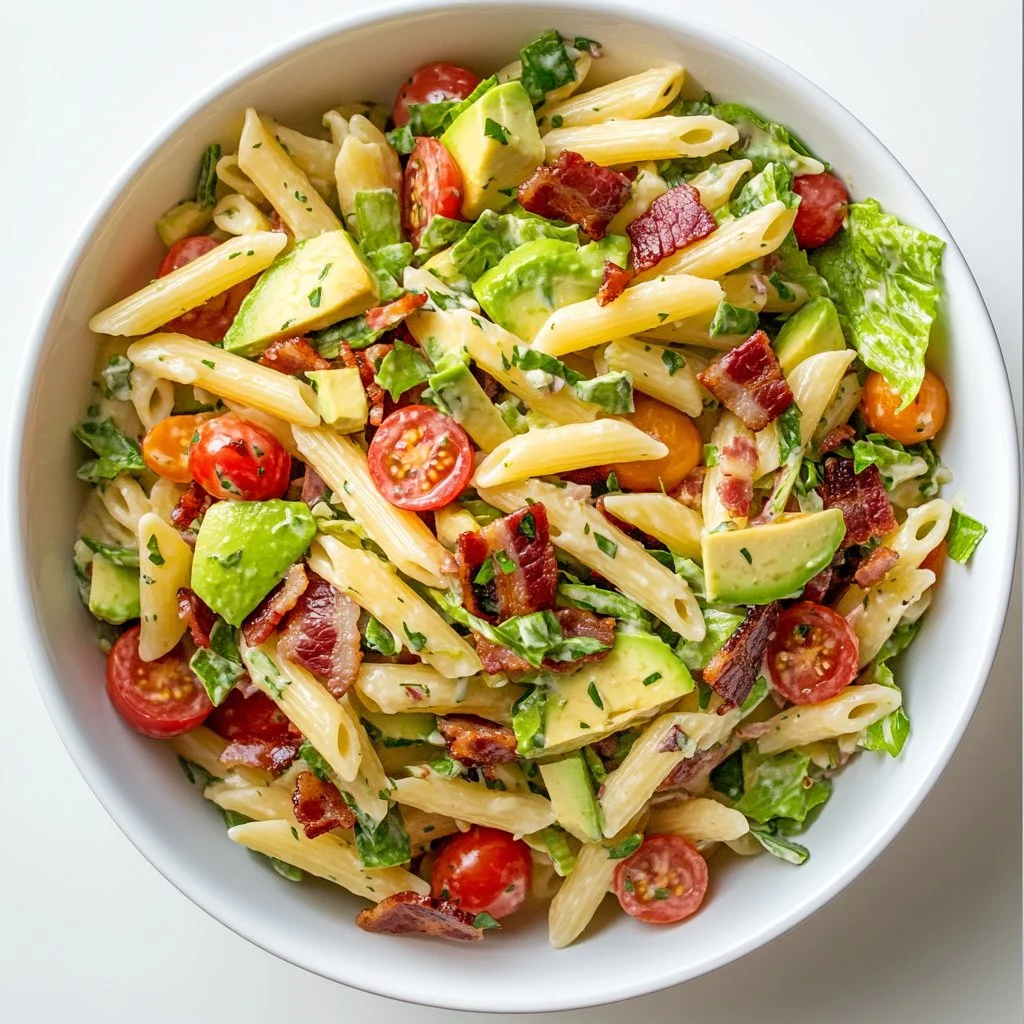 Delicious gluten free dairy free BLT pasta salad in a bowl with fresh ingredients.