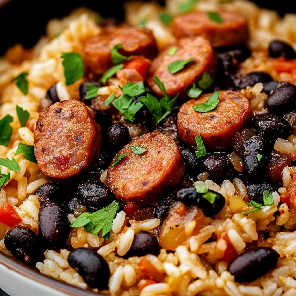Delicious black beans and rice served with sausage in a bowl