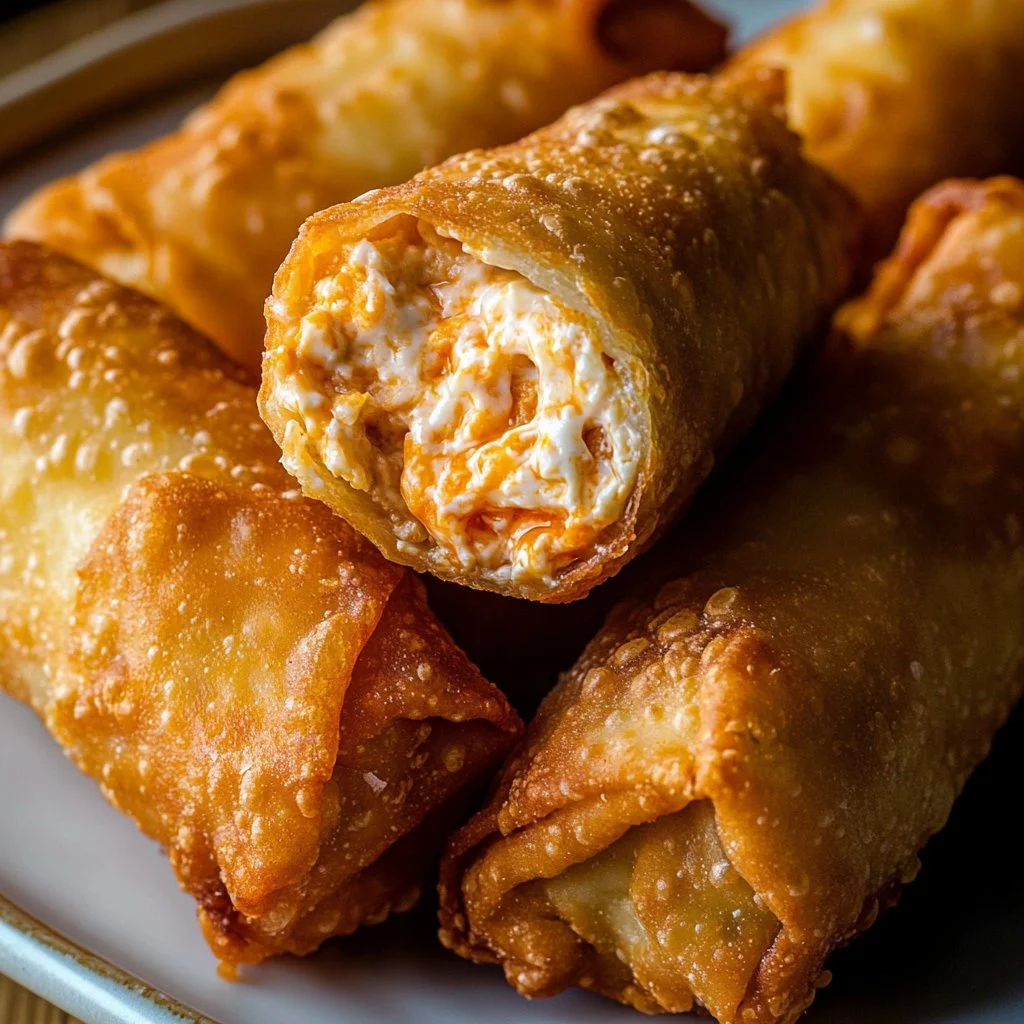 Crispy Buffalo Chicken Dip Egg Rolls served on a plate with dipping sauce