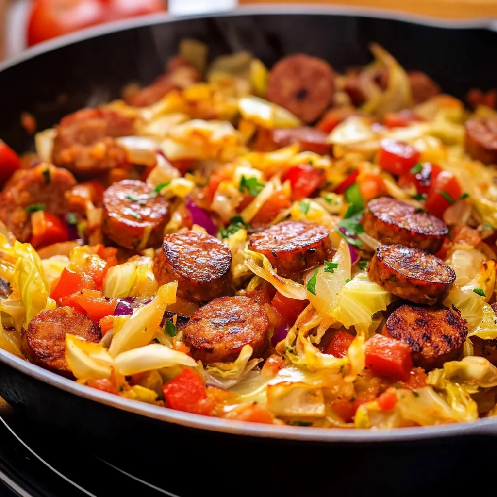 A delicious plate of sautéed cabbage and sausage, garnished with herbs.