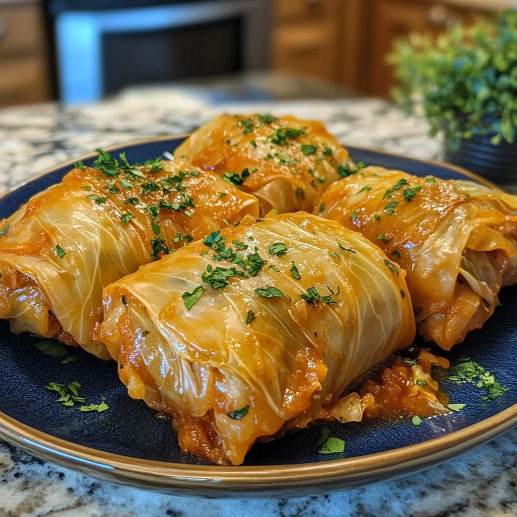 Plate of stuffed cabbage rolls garnished with herbs and served with sauce