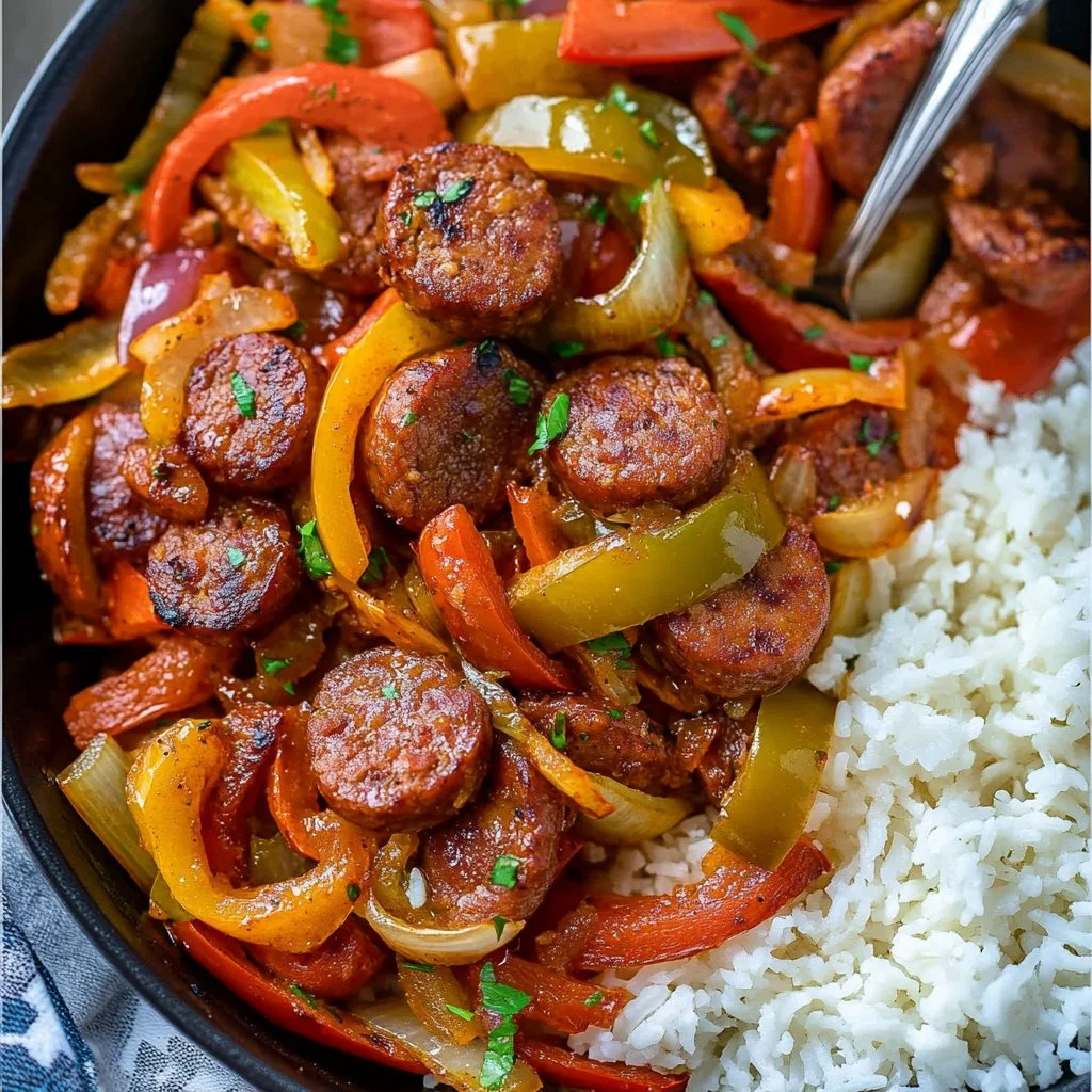 Delicious Cajun Sausage and Peppers Skillet ready to serve