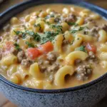 Bowl of cheeseburger macaroni soup topped with cheese and herbs.