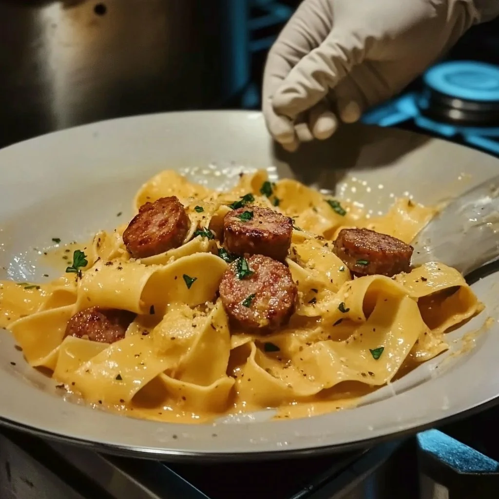 Cheesy sausage pasta served in a bowl, garnished with herbs.