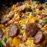 Delicious cheesy sausage and rice meal served in a bowl