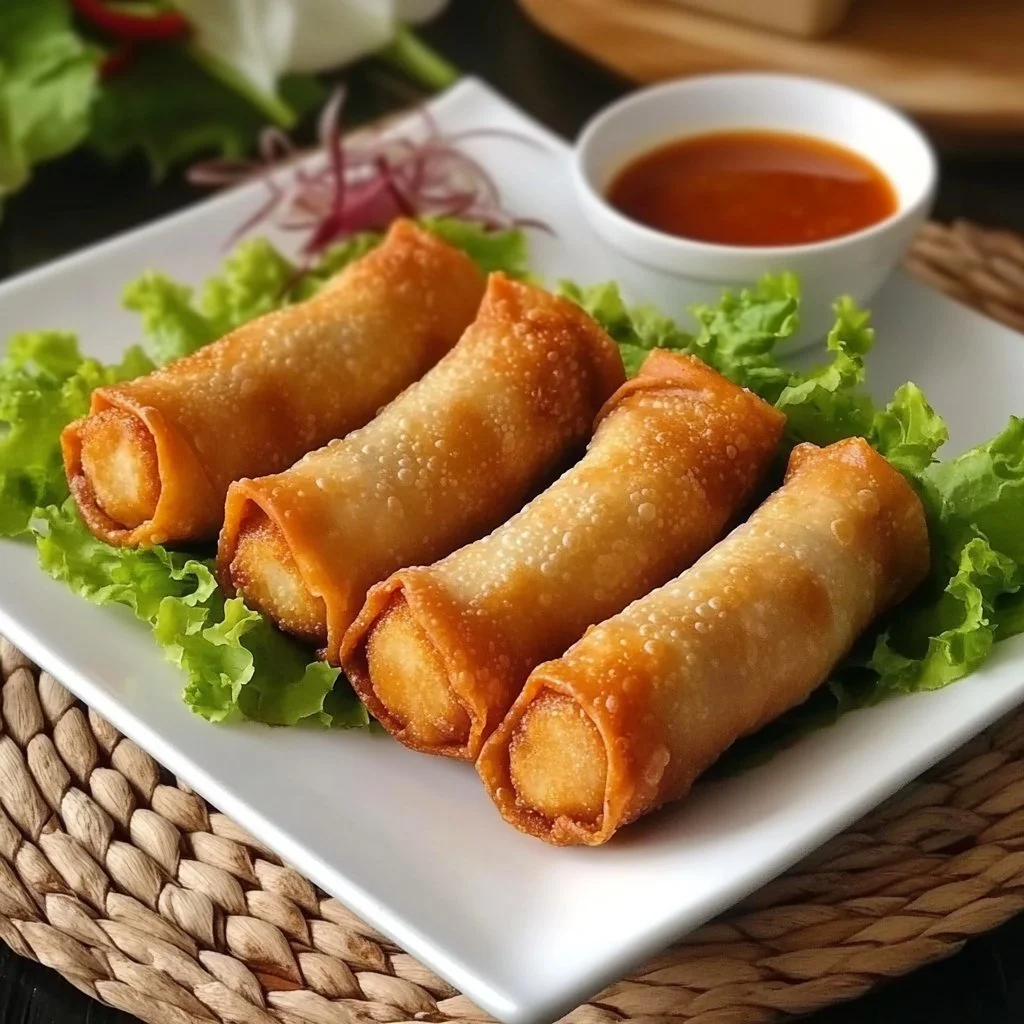 Crispy Chicken Egg Roll served with dipping sauce on a plate.