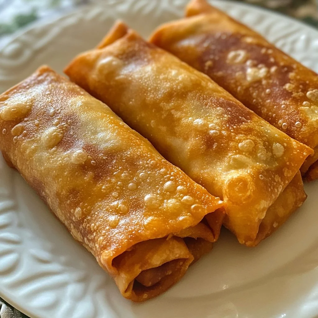 Delicious homemade chicken egg rolls served with dipping sauce.