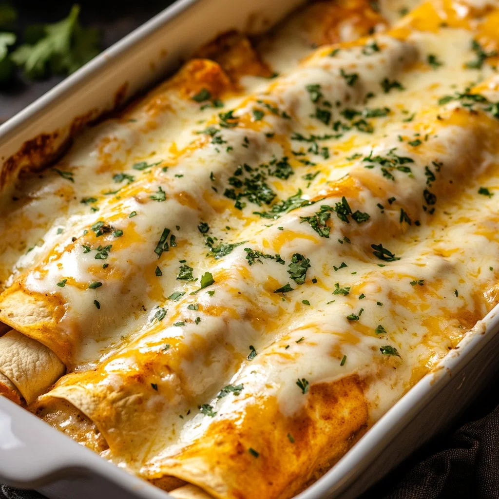 Plate of chicken enchiladas with creamy white sauce topped with fresh herbs