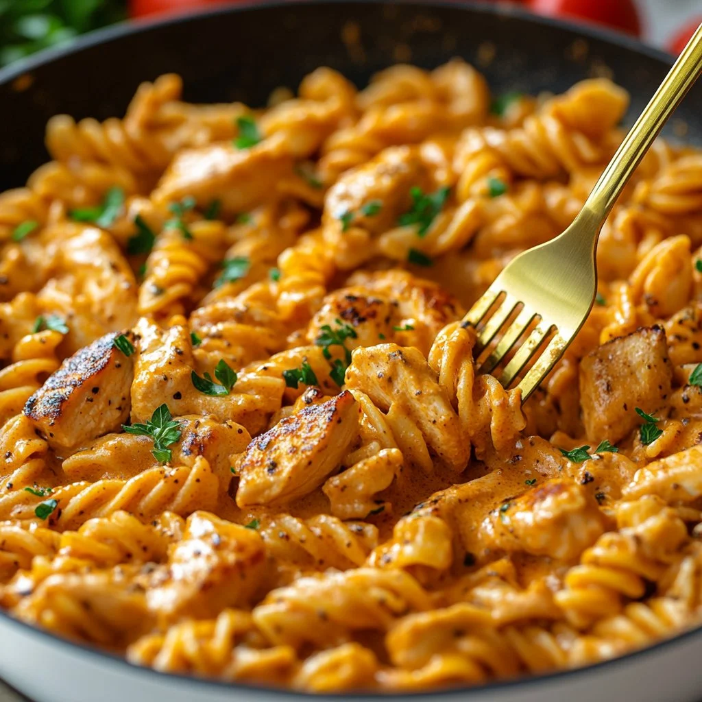Plate of Chicken Garlic Parmesan Pasta with herbs and grated cheese