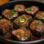 Cowboy Butter Steak Bites served on a platter with herbs and spices
