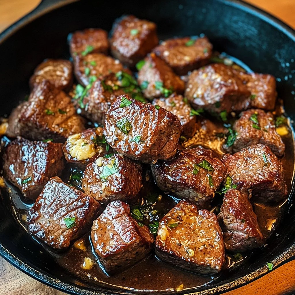 Plate of Cowboy Butter Steak Bites topped with herbs and spices.
