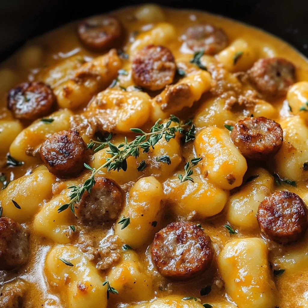 Creamy butternut squash gnocchi with sausage served in a bowl