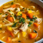 Delicious creamy chicken noodle soup served in a bowl with fresh herbs