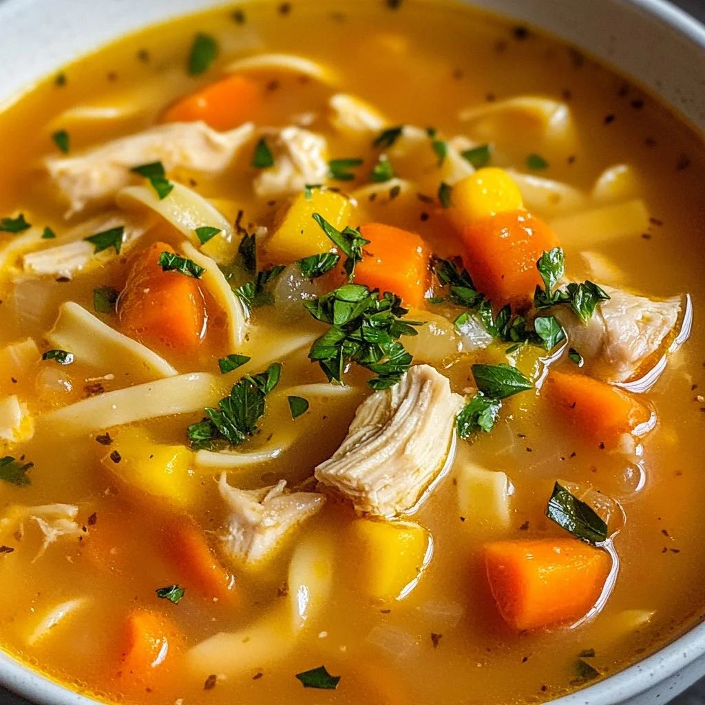 Delicious creamy chicken noodle soup served in a bowl with fresh herbs