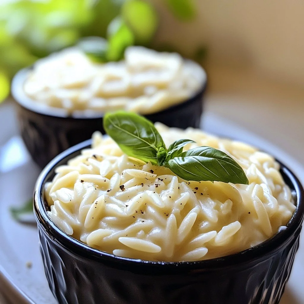 Creamy cottage cheese orzo in a bowl garnished with fresh herbs