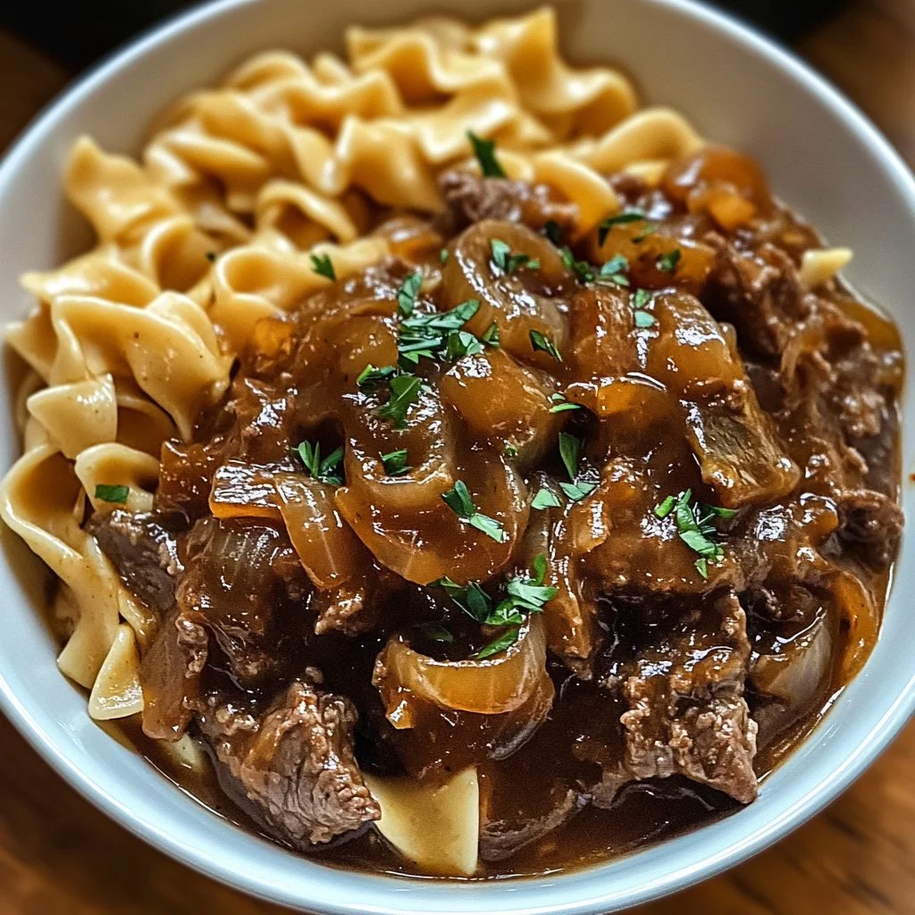 Creamy French onion beef casserole topped with melted cheese and herbs