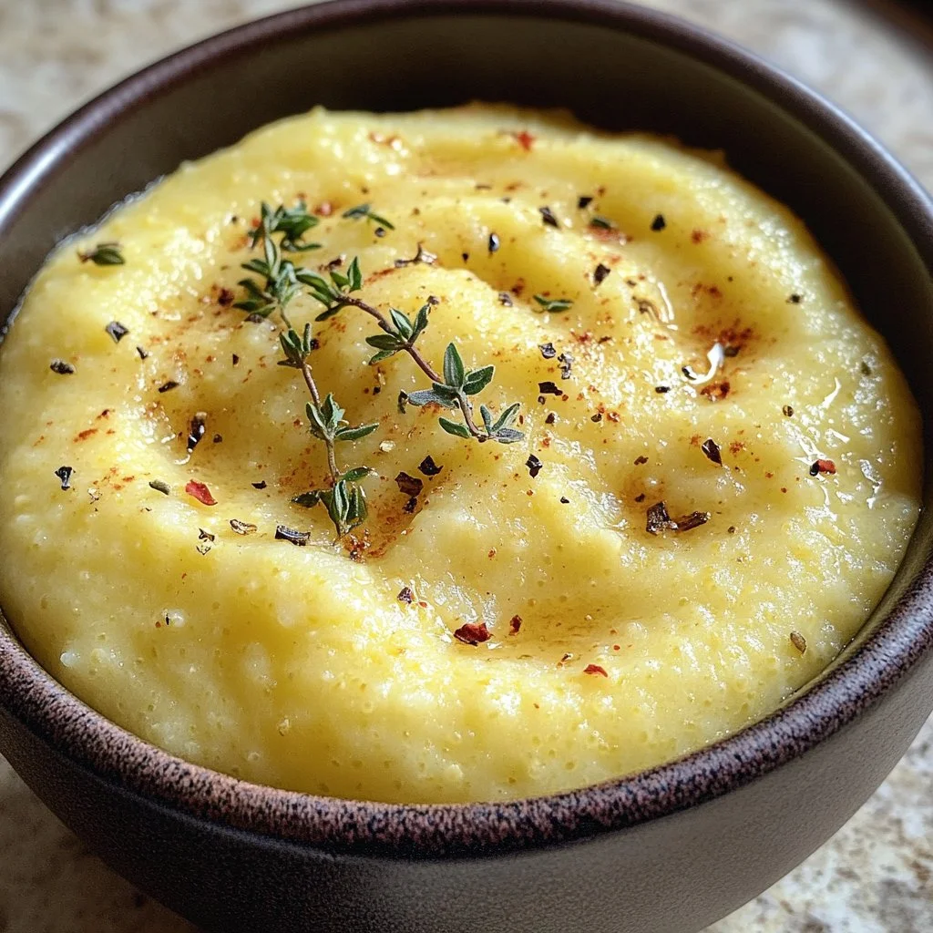 Creamy garlic parmesan polenta served in a bowl with herbs and cheese garnish.