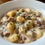 Creamy ground beef gnocchi served in a bowl with herbs on top