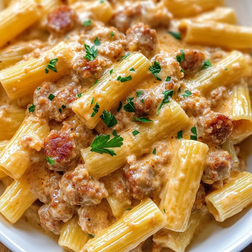 Creamy sausage rigatoni dish garnished with parsley