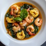 Creamy shrimp and spinach tortellini served in a bowl