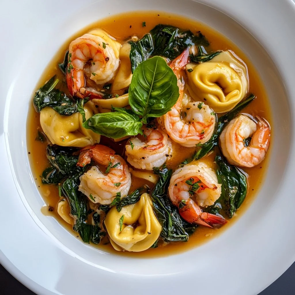 Creamy shrimp and spinach tortellini served in a bowl