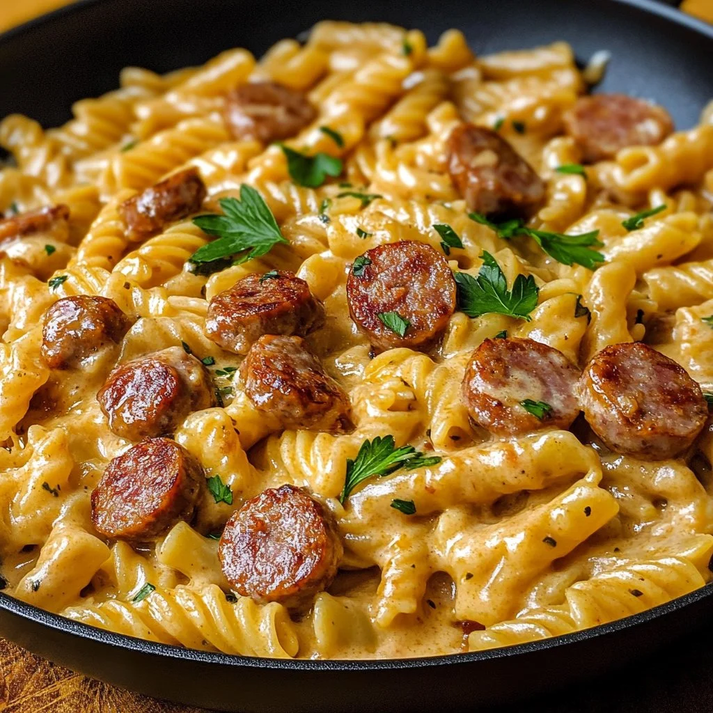 Creamy smoked sausage pasta dish with rich flavors and comforting ingredients.