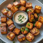 Crispy Cajun tofu bites served on a plate, garnished with herbs.