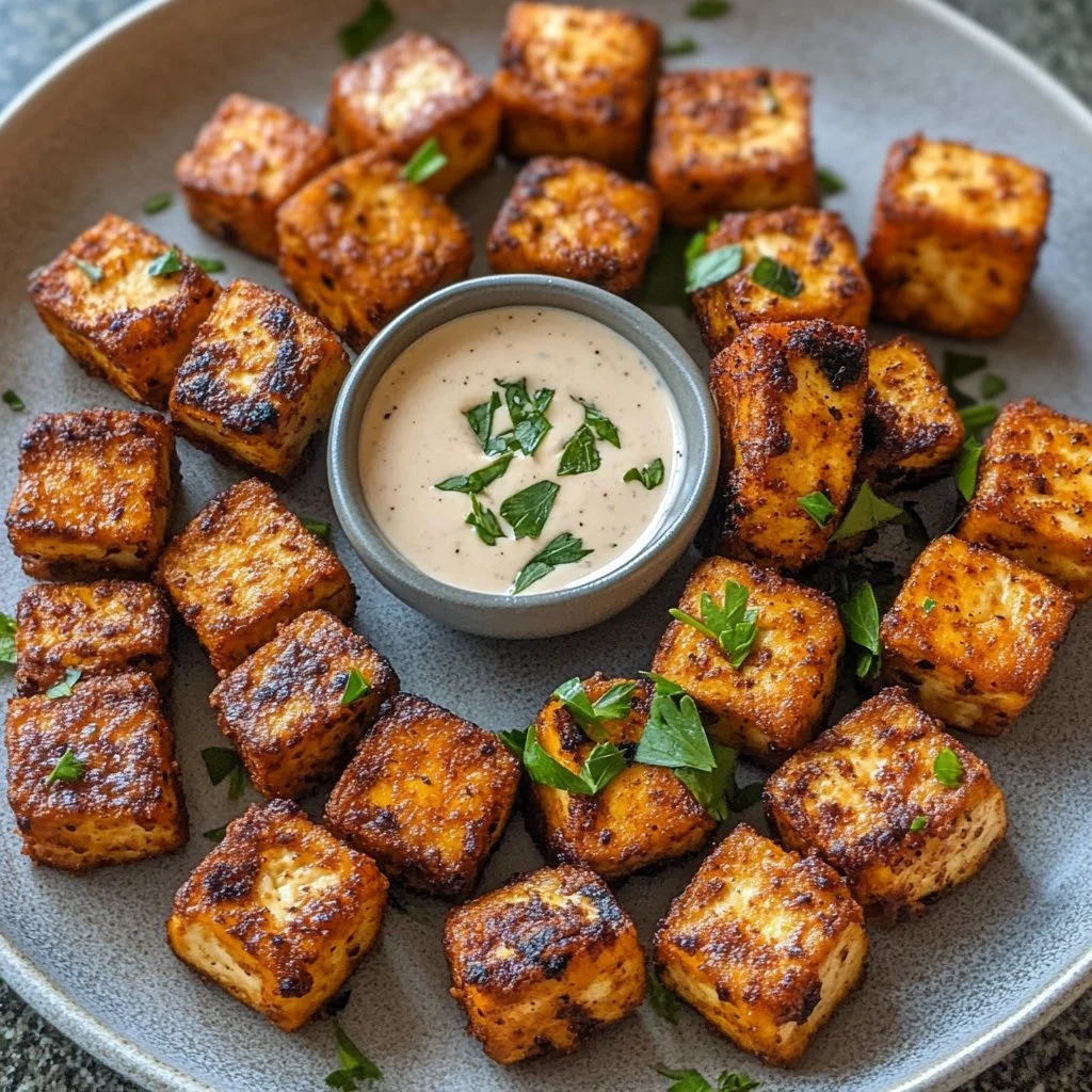 Crispy Cajun tofu bites served on a plate, garnished with herbs.