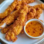 Crispy chicken tenders served with dipping sauce on a plate
