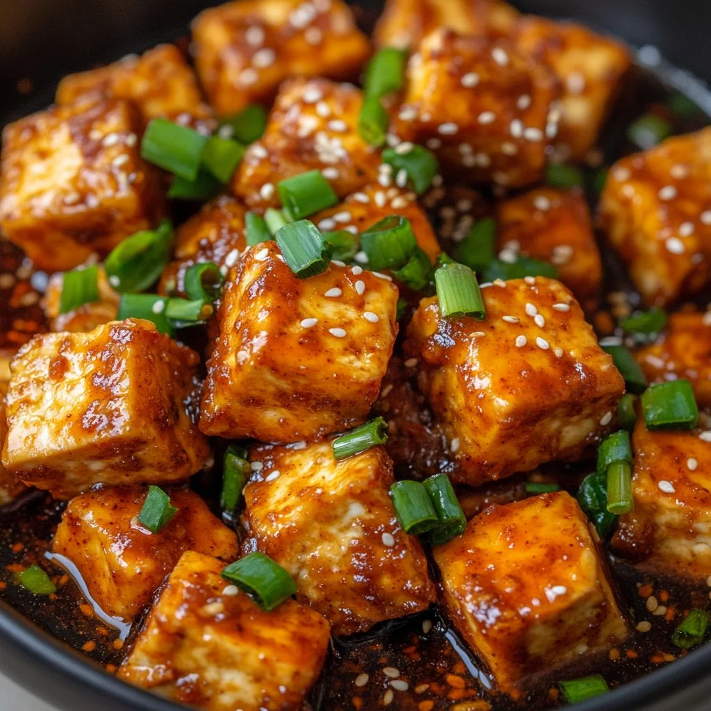Plate of Crispy Chili Crunch Tofu served with vegetables and sauce