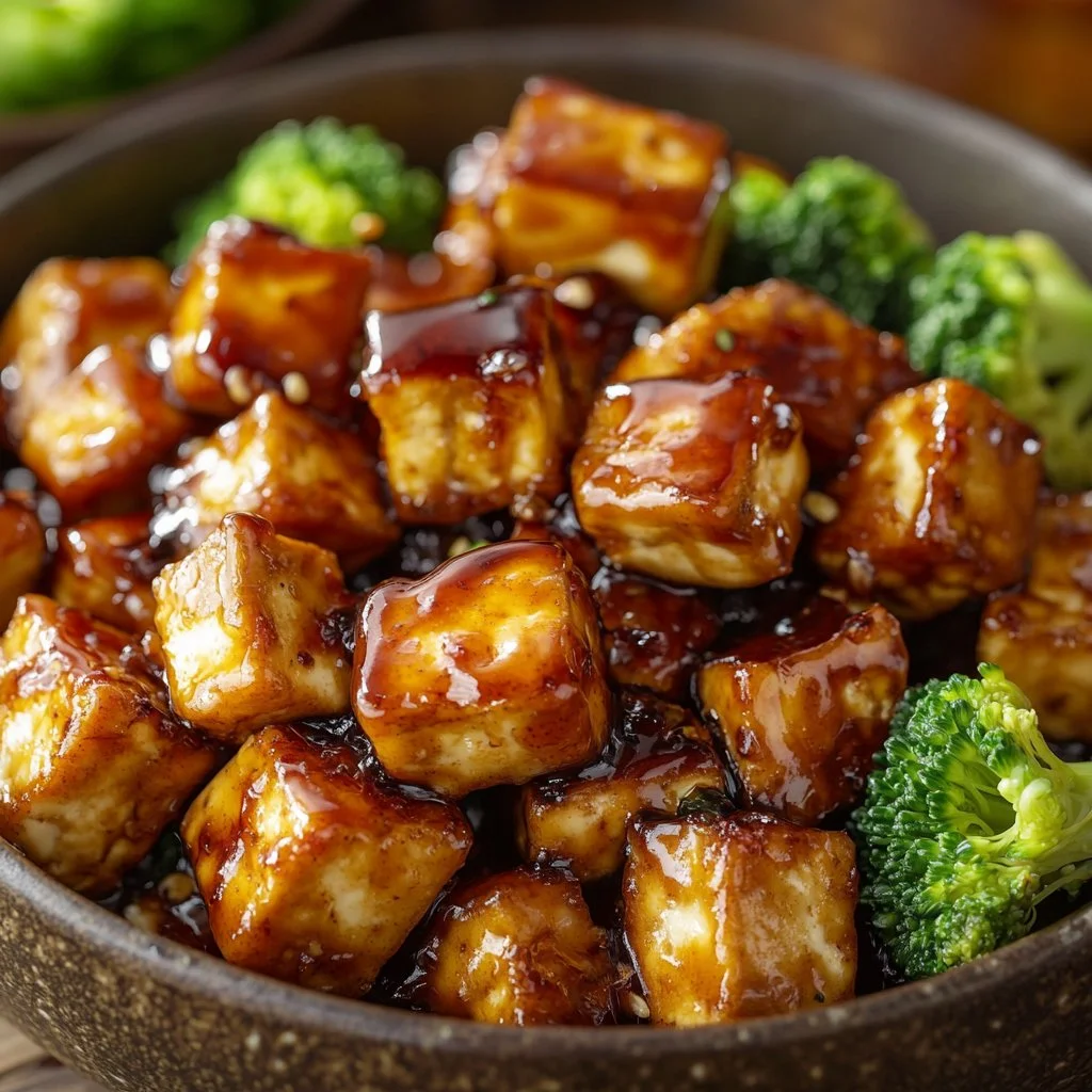 Crispy honey garlic tofu served with fresh vegetables on a plate.
