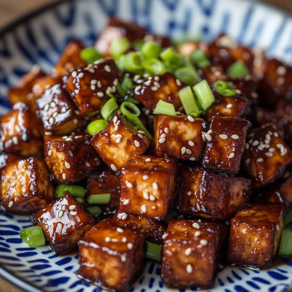 Plate of crispy soy garlic tofu garnished with green onions and sesame seeds